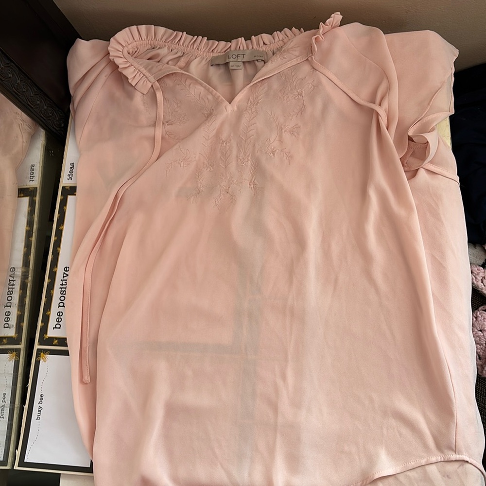 Loft pink floral tie blouse